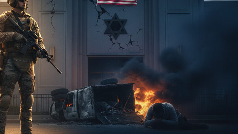 Editorial illustration: Armed Security Stops a Massacre: Lebanese-Born Attacker Rams Explosive-Laden Tru