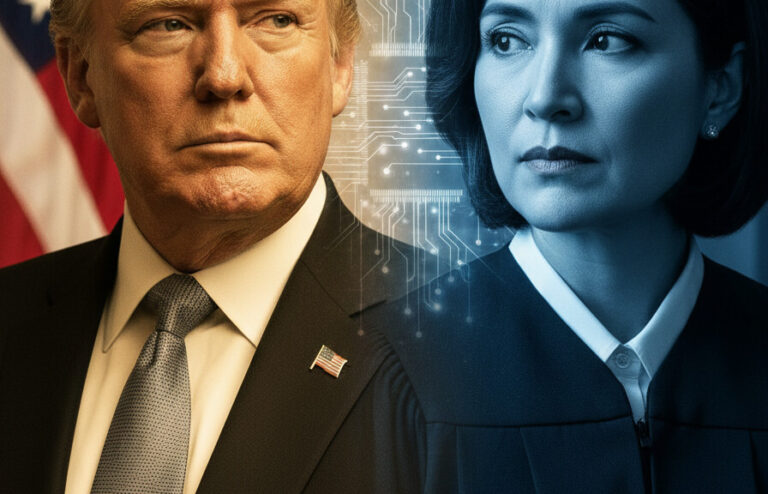 Editorial illustration: Biden Judge Blocks Trump Administration’s Move Against AI Firm Anthropic
