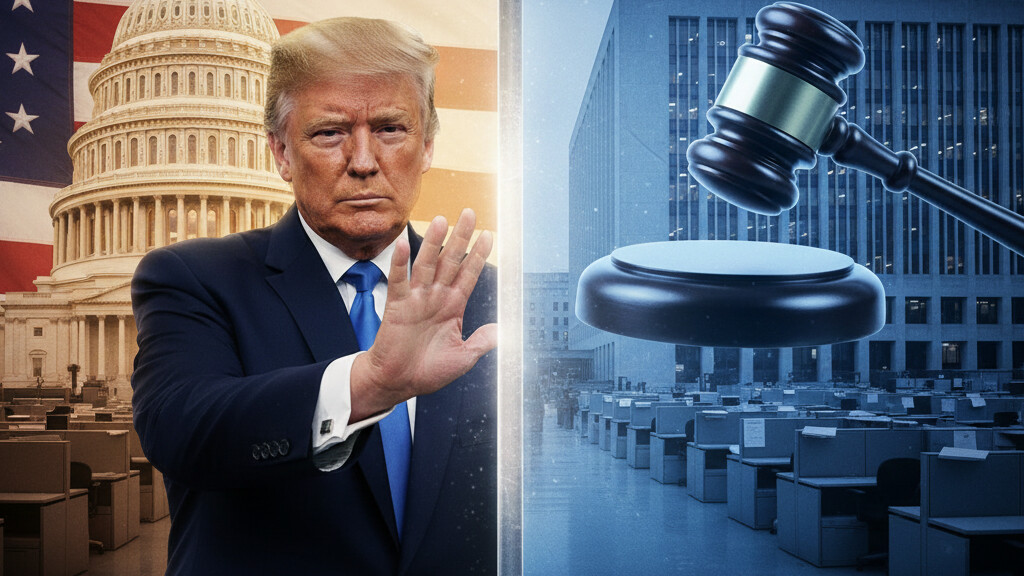 Editorial illustration: Biden Judge Blocks Trump From Forcing Federal Workers Back to Office