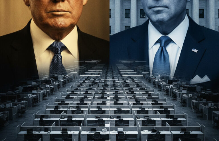Editorial illustration: Biden Judge Blocks Trump From Forcing Federal Workers Back to Office