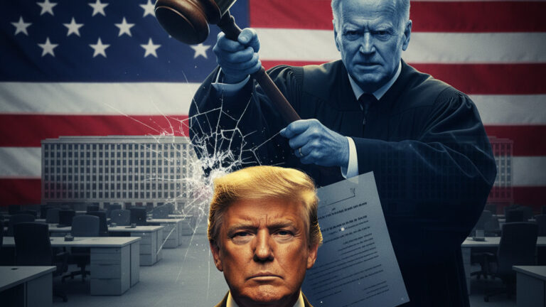 Editorial illustration: Biden Judge Blocks Trump From Forcing Federal Workers Back to Office