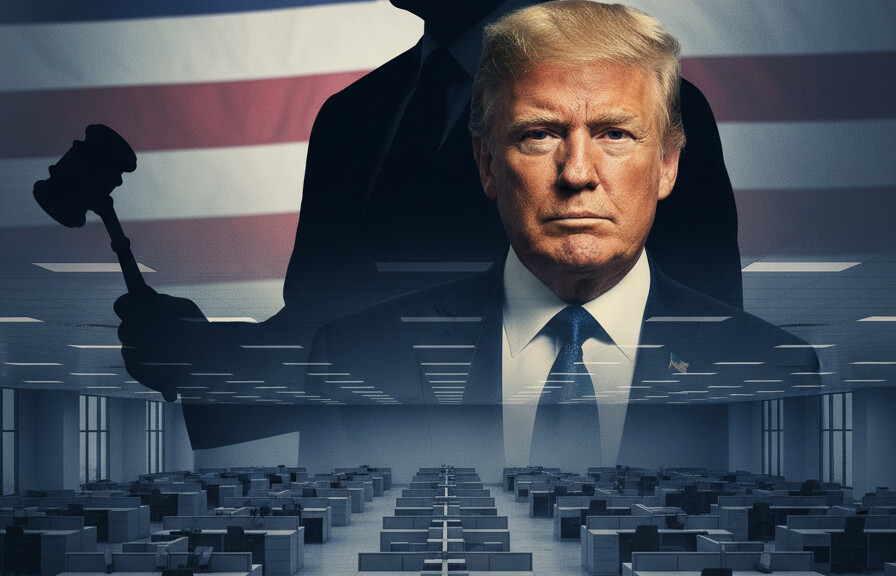 Editorial illustration: Biden Judge Blocks Trump From Forcing Federal Workers Back to Office