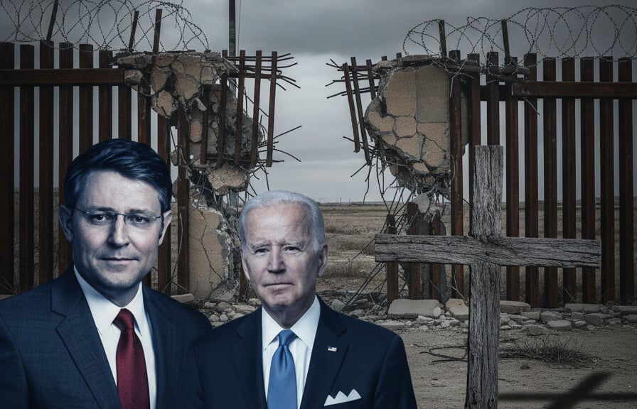 Editorial illustration: Border Betrayal: Republicans Fold on DHS, Leaving America Vulnerable