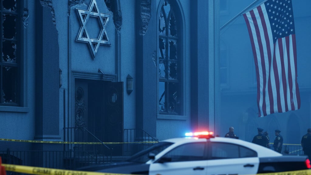Editorial illustration: BREAKING: Car Rams Into Michigan Synagogue, Shots Fired — Oakland County Deputie