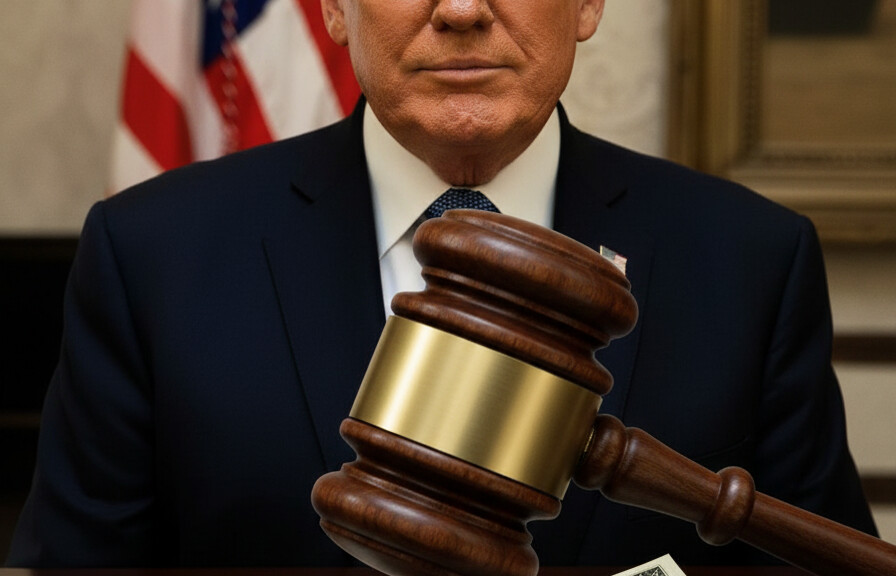 Editorial illustration: California Takes Trump to Court Over Currency Signature Plan