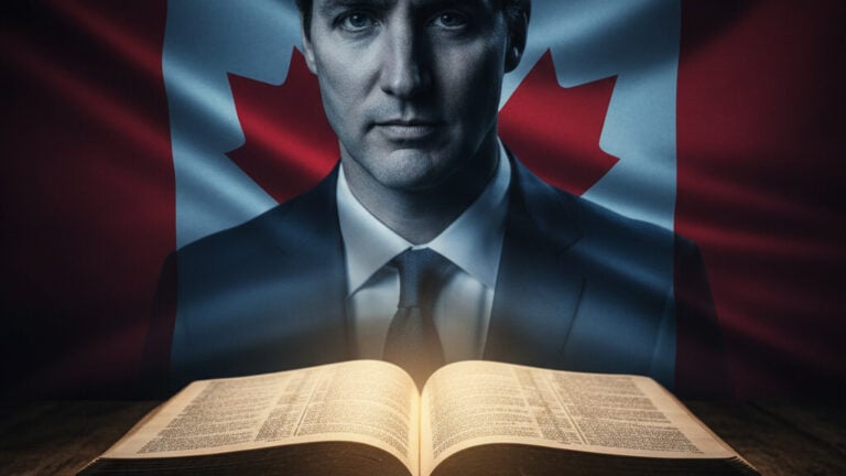 Editorial illustration: Canada Crosses the Line: Free Speech, Faith Under Fire as Bible Quotes Face Crim