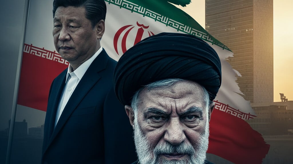 Editorial illustration: China and Russia Squirm as United Nations Overwhelmingly Condemns Iran’s Attacks