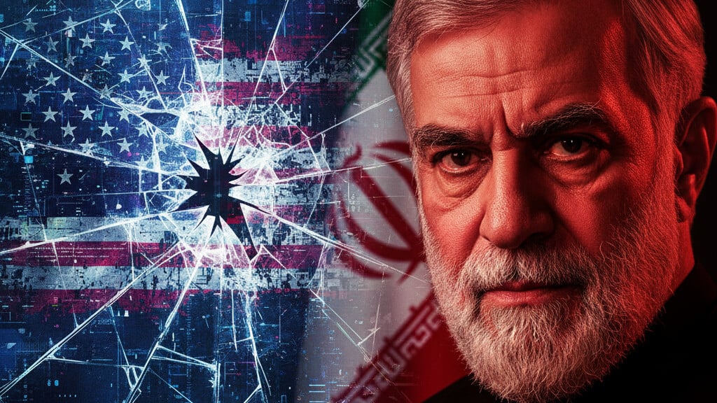 Editorial illustration: Deep State’s Digital Achilles’ Heel: Iran Exposes FBI Director Patel
