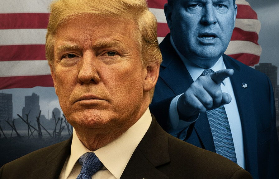 Editorial illustration: Democrat Governor Blames Trump for ‘Politicizing’ Murder by Illegal