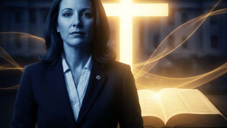 Editorial illustration: Democrats Weaponize Faith: Iowa Candidate’s Shocking Attack on Christianit