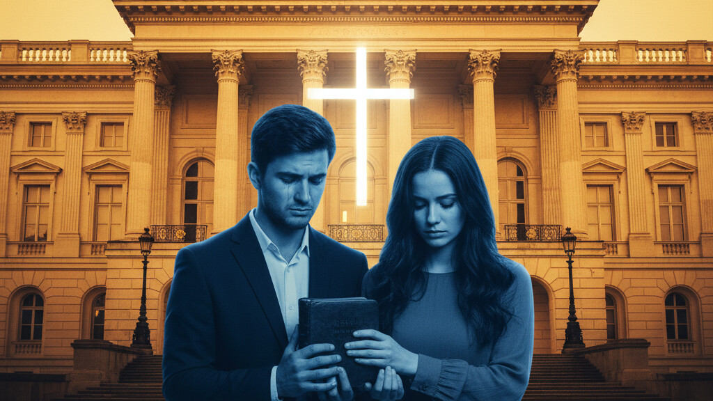 Editorial illustration: European Court Sides with Big Government: Christian Parents Lose Fight for Their