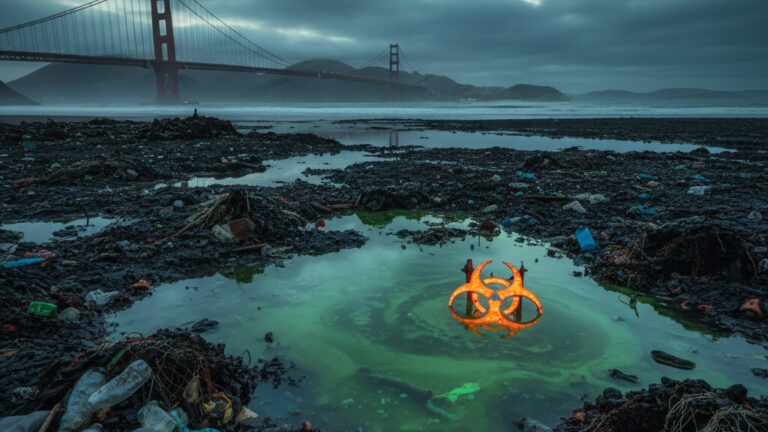 Editorial illustration: From Golden Gate to Golden Staph: West Coast’s Filthy Beaches Signal Deepe