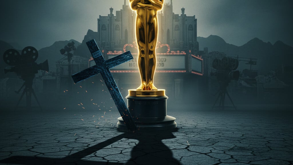 Editorial illustration: Hollywood’s Unholy Crusade: Oscars Crown Anti-Christian Hate as ‘Bes