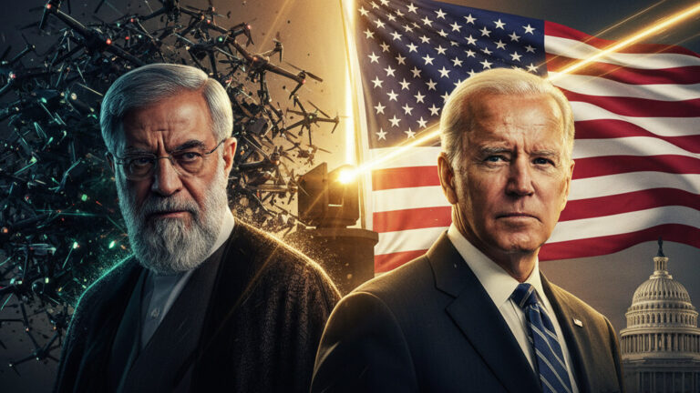 Editorial illustration: Iran’s Drone Menace: A Test of American Strength and Divine Providence