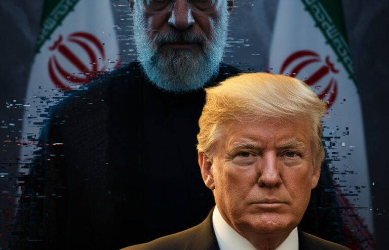 Editorial illustration: Iran Trolls Trump with AI Video Showing Him Interrogated by IRGC
