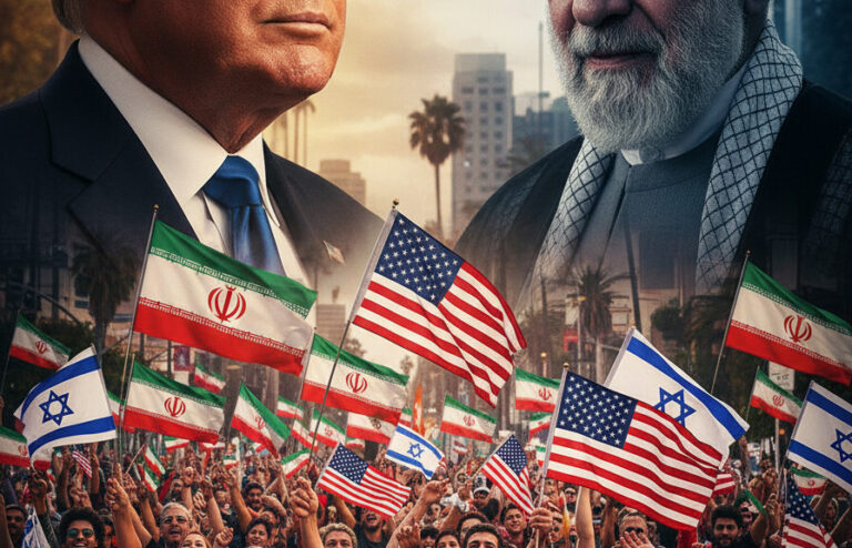 Editorial illustration: Iranian-Americans Cheer Trump in the Streets: ‘Thank You for Freeing Iran’