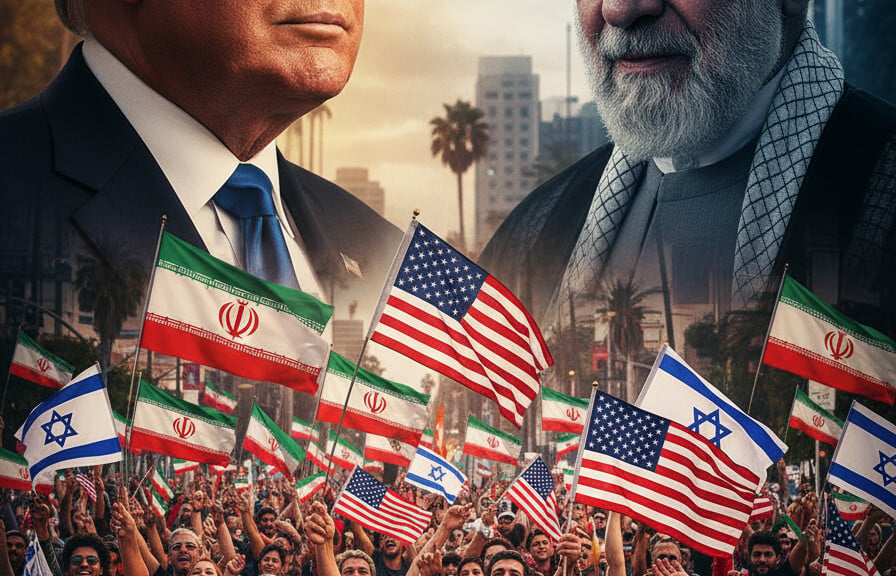 Editorial illustration: Iranian-Americans Cheer Trump in the Streets: ‘Thank You for Freeing Iran’