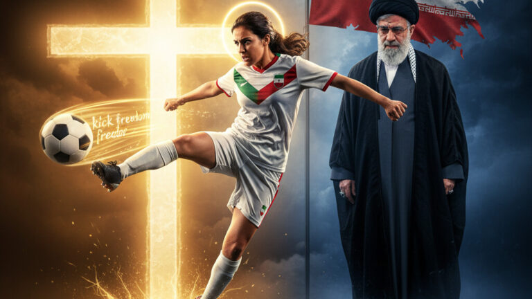 Editorial illustration: Iranian Women’s Daring Escape: A Kick for Freedom Against Theocratic Chains