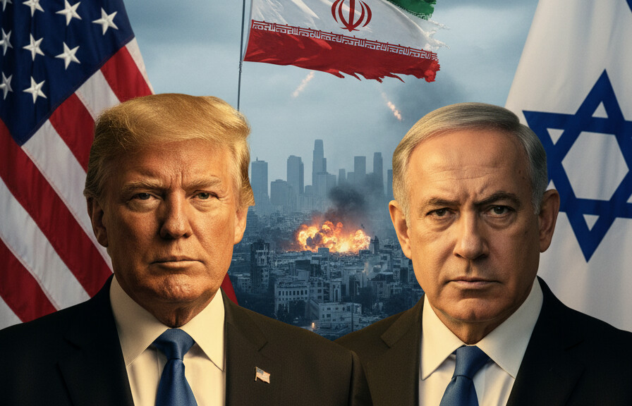 Editorial illustration: Israel Launches Renewed Strikes on Tehran as Trump Says War Close to Ending
