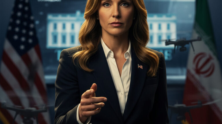 Editorial illustration: Karoline Leavitt Torches ABC News, Demands Retraction of Bogus Iran Drone Attack