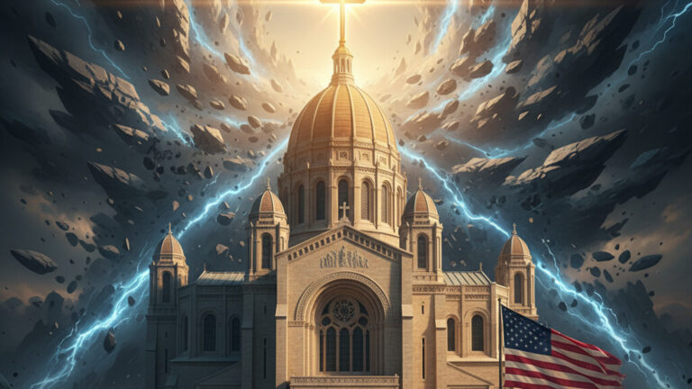Editorial illustration: Leftist Terror Targets Cathedral, Pleads Guilty: Is Christian America Under Sieg
