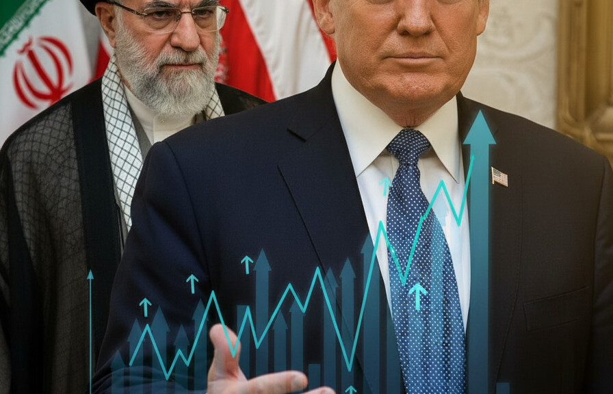 Editorial illustration: Markets Explode Higher as Trump Signals Potential Iran Breakthrough