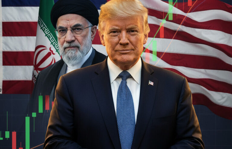 Editorial illustration: Markets Explode Higher as Trump Signals Potential Iran Breakthrough