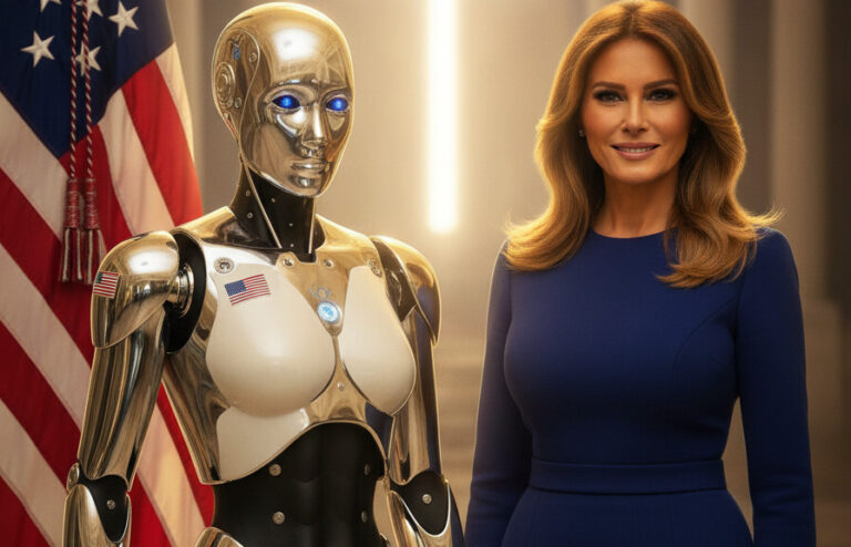 Editorial illustration: Melania Ignites Diplomacy: 45 Nations Witness America’s AI Renaissance
