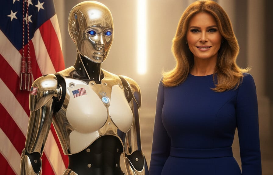 Editorial illustration: Melania Ignites Diplomacy: 45 Nations Witness America’s AI Renaissance