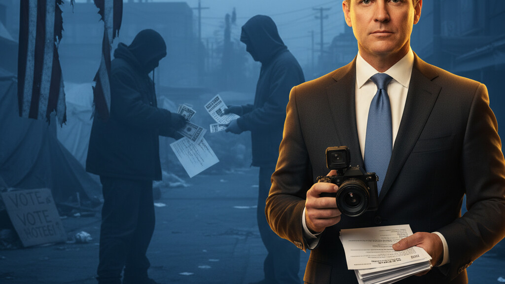 Editorial illustration: O’Keefe Drops Bombshell: Undercover Video Exposes Cash-for-Ballots Scheme on LA’