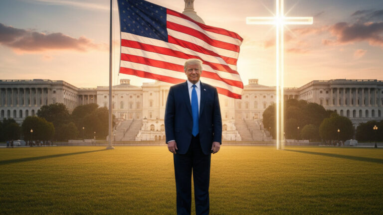 Editorial illustration: ONE NATION UNDER GOD: Trump Announces Historic National Rededication to the Almi
