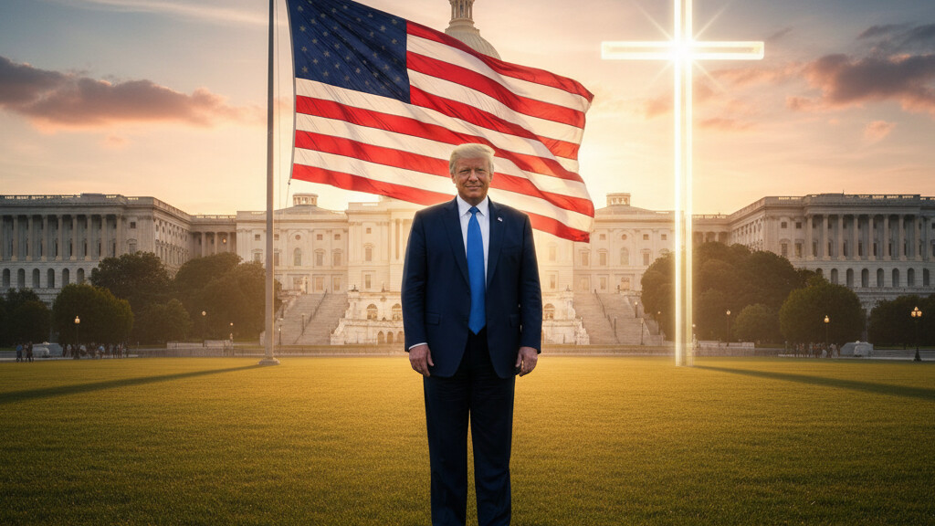 Editorial illustration: ONE NATION UNDER GOD: Trump Announces Historic National Rededication to the Almi