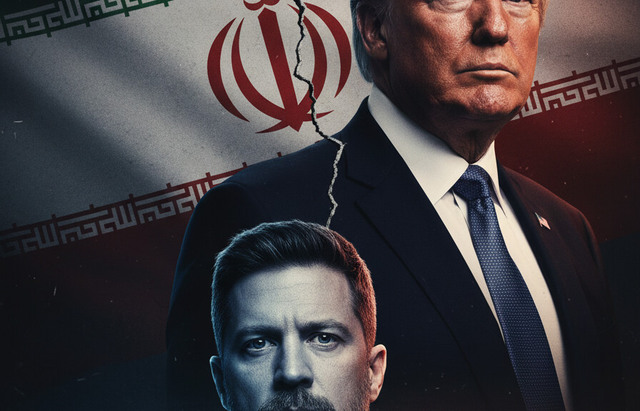 Editorial illustration: Rogan and Dave Smith Warn Trump’s Iran War Is Fracturing His Coalition