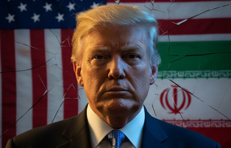 Editorial illustration: Rogan and Dave Smith Warn Trump’s Iran War Risks Fracturing His Coalition