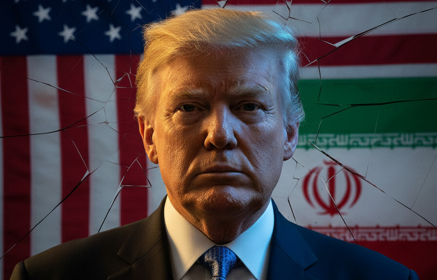 Editorial illustration: Rogan and Dave Smith Warn Trump’s Iran War Risks Fracturing His Coalition