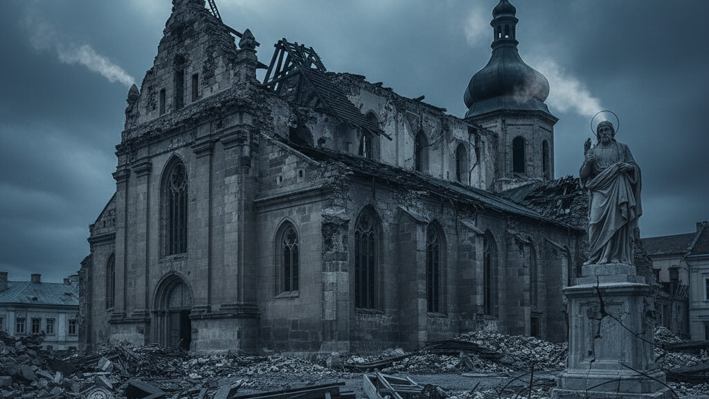 Editorial illustration: Russia Bombs 400-Year-Old Christian Monastery in Ukraine Days Before Holy Week