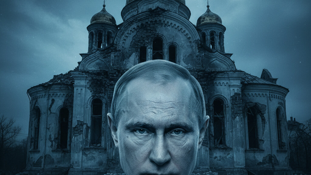 Editorial illustration: Russia Bombs Iconic Centuries-Old Christian Landmark in Ukraine Ahead of Holy We