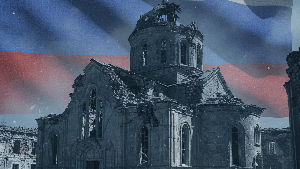 Editorial illustration: Russia Bombs Iconic Centuries-Old Christian Landmark Days Before Holy Week