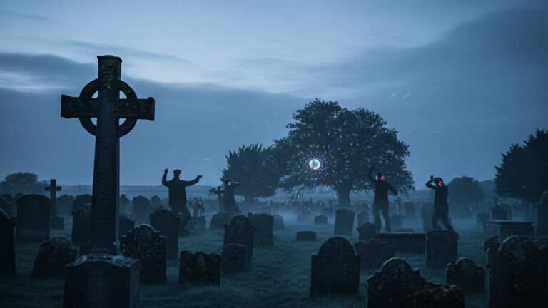 Editorial illustration: Sacred Spaces Under Assault: Disco in a Cemetery Signals Deeper Rot in the Churc