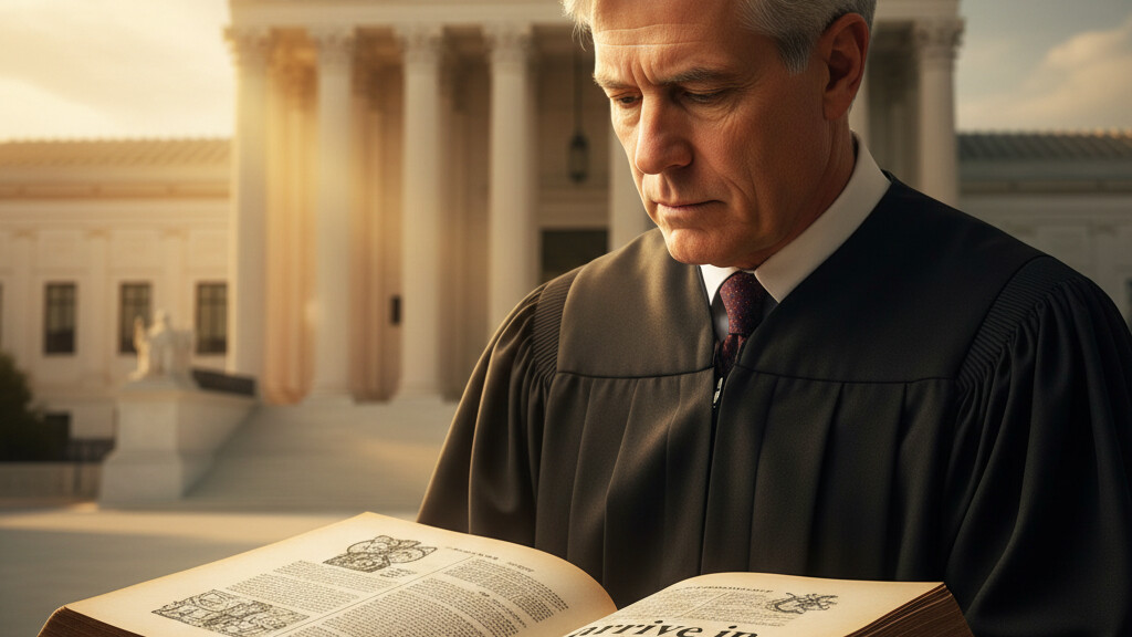 Editorial illustration: Supreme Court Debates Grammar in Critical Border Asylum Case