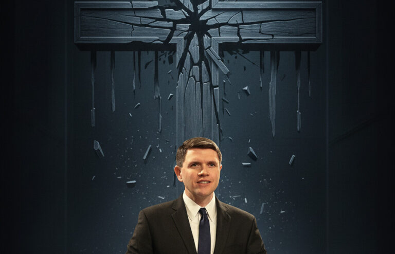 James Talarico before a cracked cross - editorial illustration