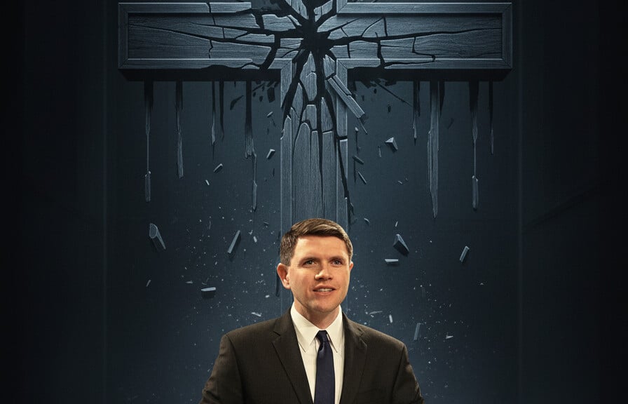 James Talarico before a cracked cross - editorial illustration