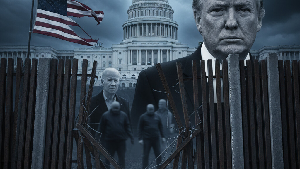 Editorial illustration: The Great Surrender: Congress Funds DHS, Defunds Border Protection