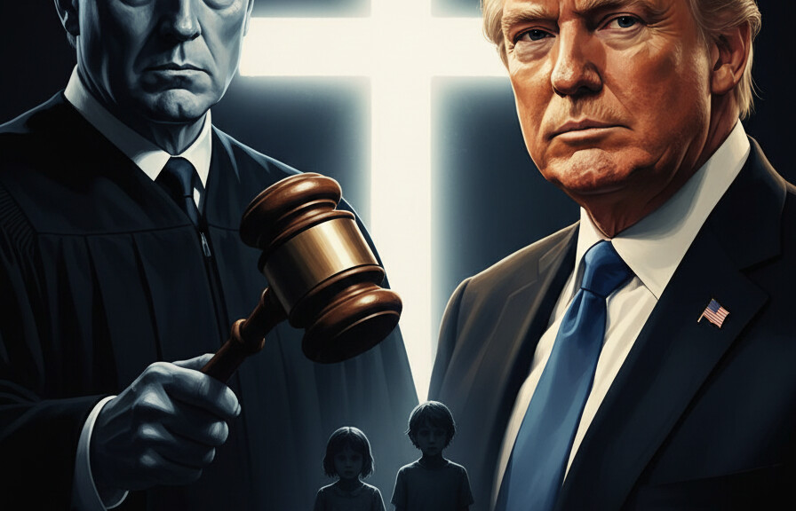 Editorial illustration: The Unholy War on Childhood: Biden Judge Nixes Trump’s Plan to Shield Kids