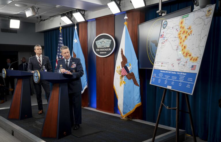 Pete Hegseth and Gen. Dan Caine at Pentagon Operation Epic Fury briefing