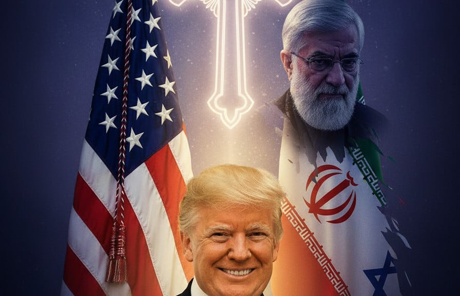 Editorial illustration: Trump’s Iron Stance: Ending Iran’s Reign of Terror, Hand-in-Hand wit