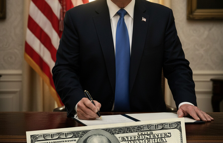 Editorial illustration: Trump’s Signature to Appear on U.S. Currency for First Time in History