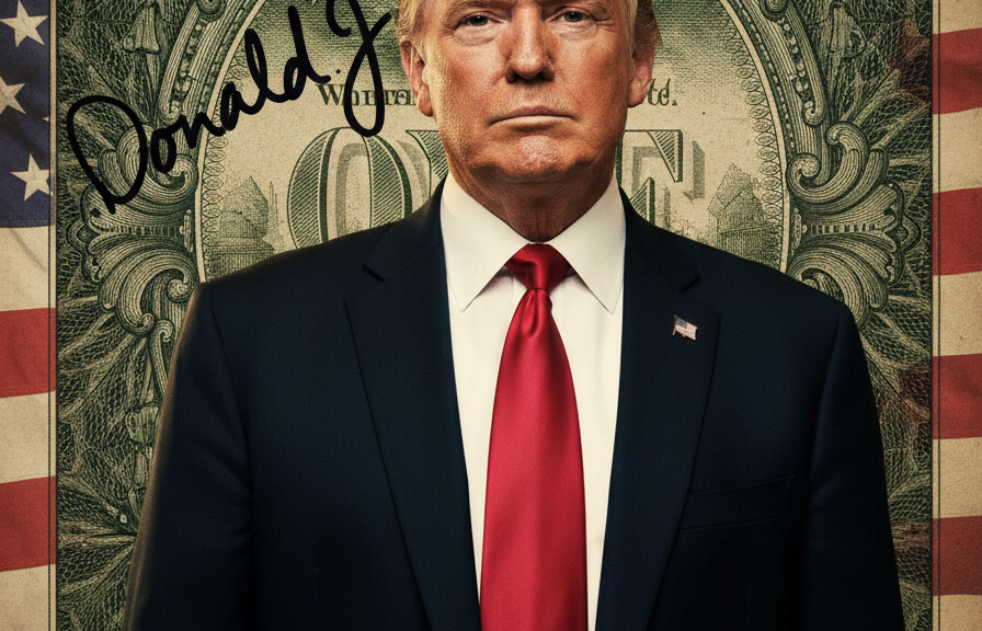 Editorial illustration: Trump’s Signature to Appear on U.S. Currency in Unprecedented Move Marking