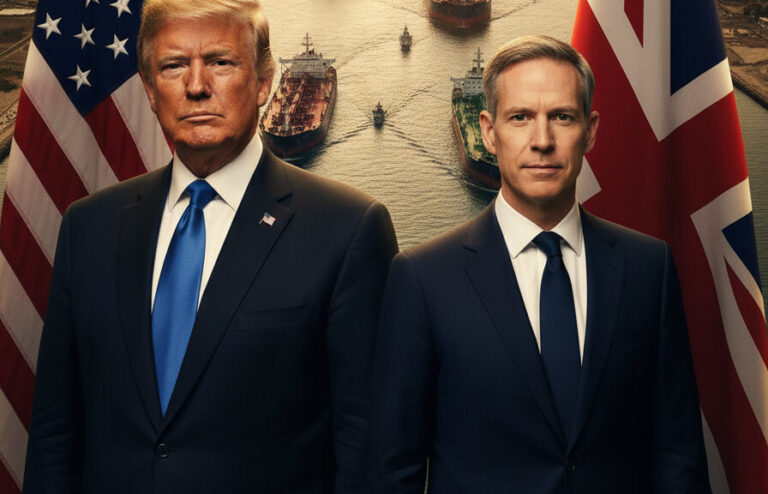 Editorial illustration: Trump and UK Prime Minister Starmer Forge Alliance to Reopen Strait of Hormuz