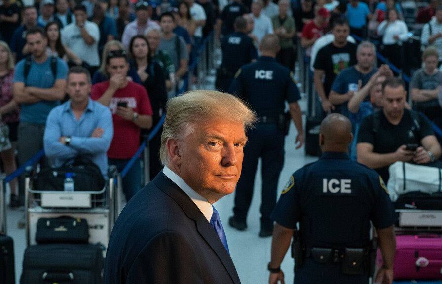 Editorial illustration: Trump Deploys ICE to Airports as Democrats’ Shutdown Causes Travel Chaos